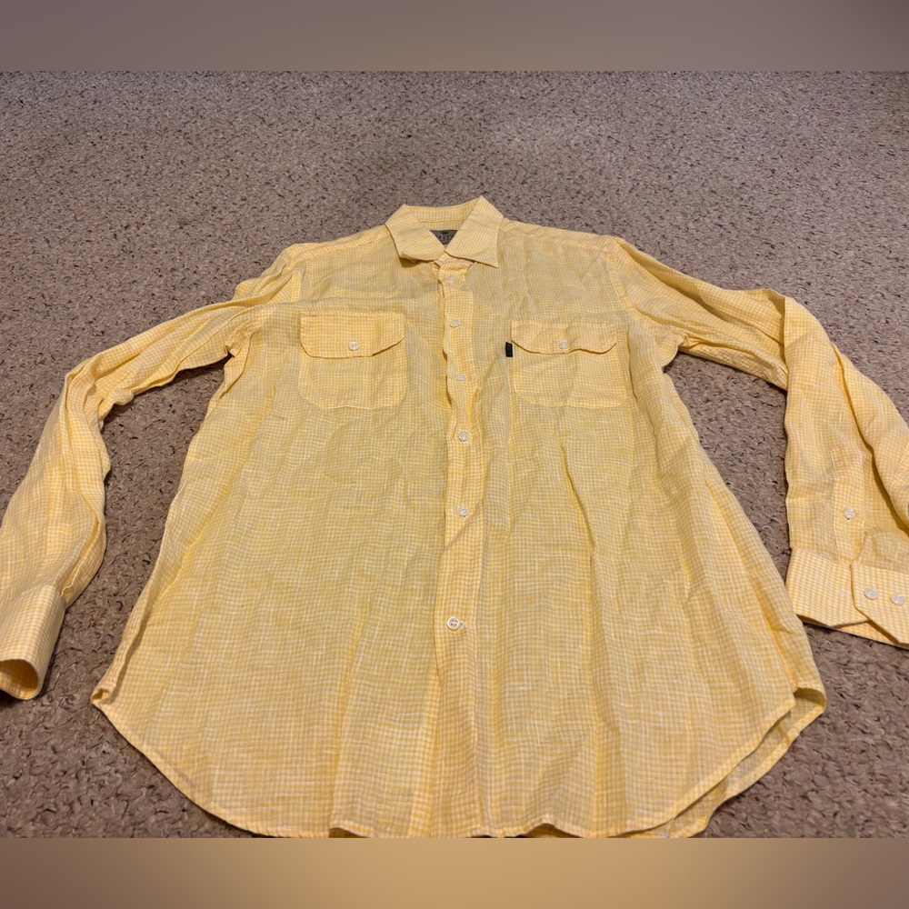 BERETTA MENS SZ 16 SOFT YELLOW AND WHITE CHECK LINEN BUTTON DOWN SHIRT EUC